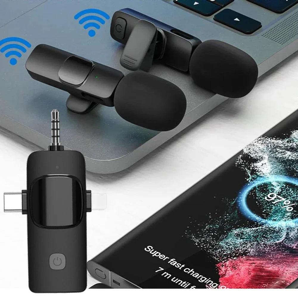 Basix Professional 4in1 Wireless Lavalier Microphone for iPhone Android 3.5mm for Live Recording Noise Cancelling Mini Microphon