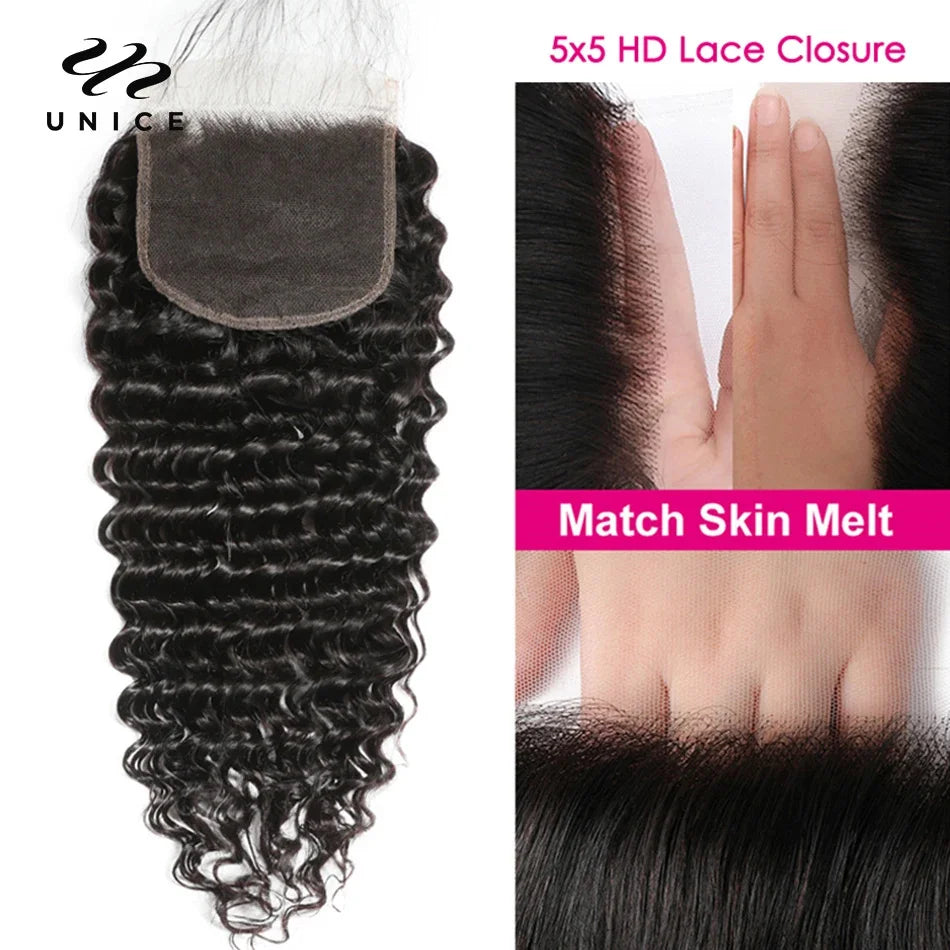 UNice Hair Deep Wave 5x5 HD Lace Closure With 3PCS Bundles 100% Human Hair Bundles With Closure Deal
