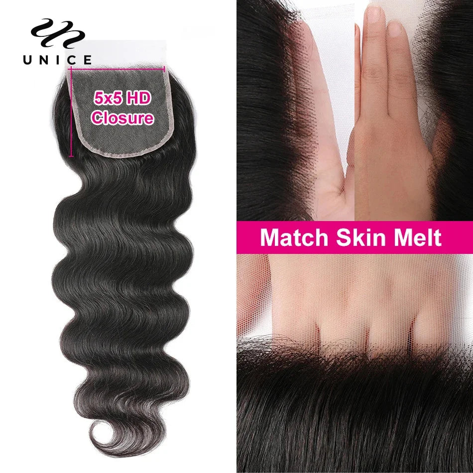 UNice Body Wave Human Hair Bundles With Closure Natural Color 100% Human Hair Bundles 3PCS With 4x1 / 4x4 / 5x5 HD Lace Closure