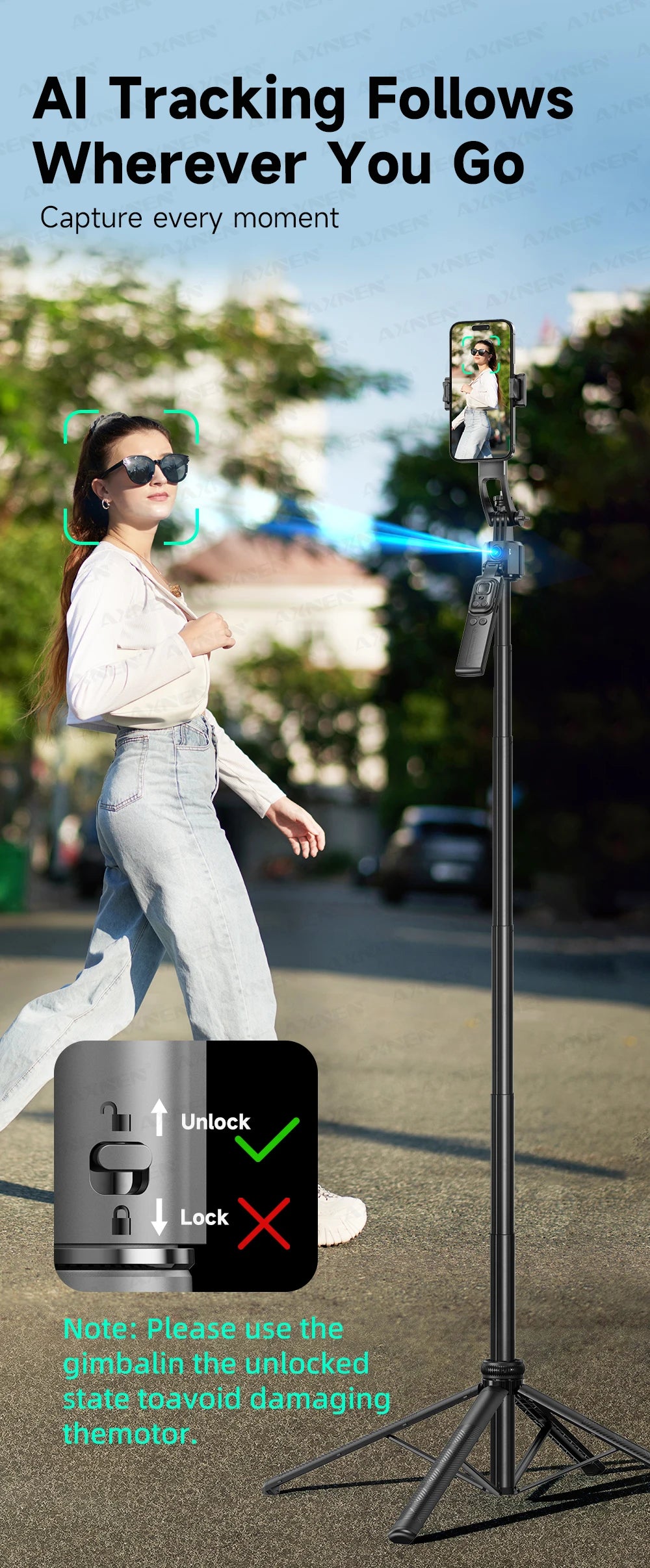 1630mm/64in C17 Tripod Selfie Stick 360° Auto Rotation Shooting Quadruped Phone Stand Face Track Bluetooth Remote Control Tripie