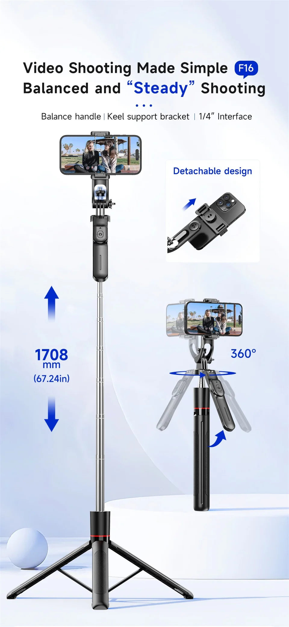 FANGTUOSI New 1.7M Wireless Selfie Stick Tripod Foldable Stand For Gopro Action Cameras Smartphones Balance Steady Shooting Live