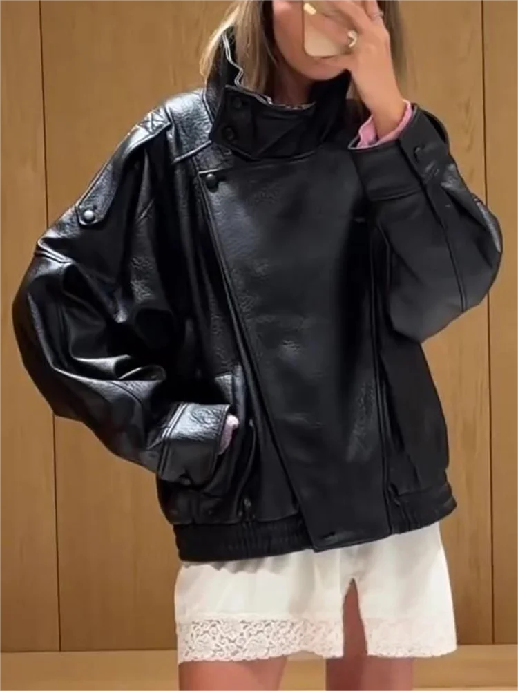 KONDALA Casual Chic Black Leather Jackets Women Long Sleeve Buttons Elastic Oversized Coats Fashion 2026 Spring Streetwear Coats