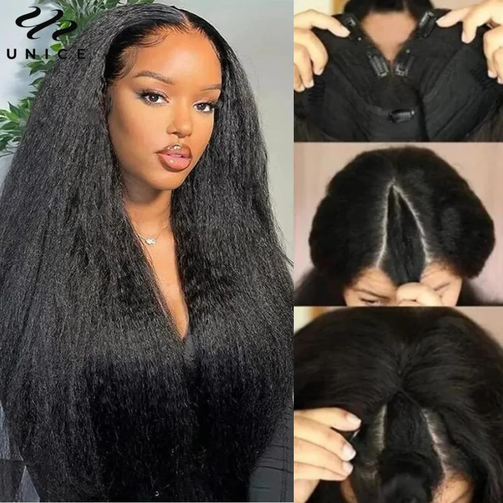 UNice Hair Kinky Straight V Part Wig With Drawstring Seemless Blend 100% Human Hair Wigs No Glue Fit For All Head Sizes