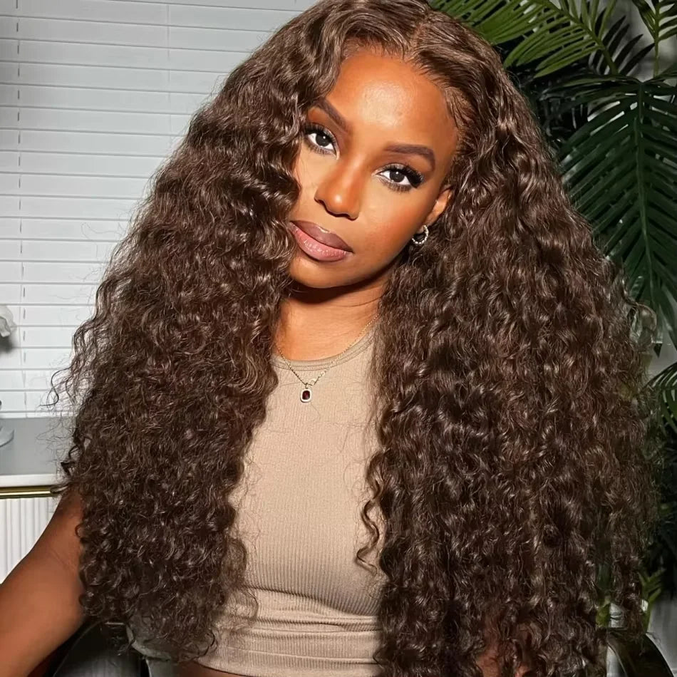 Deep Curly Human Hair Wig - Chocolate Brown HD Lace Frontal 13x4/13x6 - 30-36 Inch