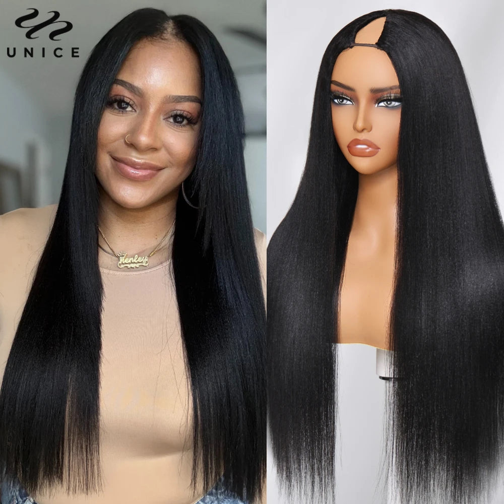 Unice Hair InvisiBlend Yaki Straight V Part Wigs With Drawstring 100% Human Hair Clip-in Wigs Beginner Friendly 5 Minute Install