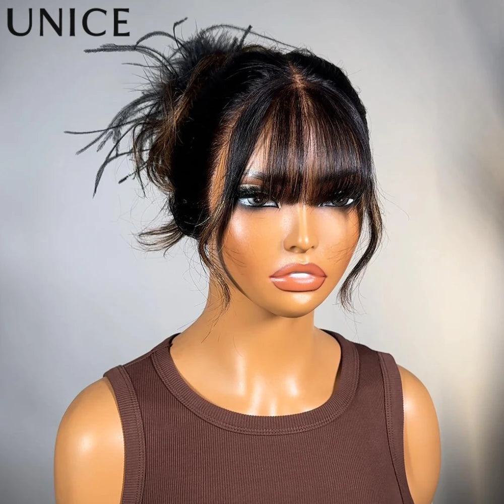 UNice Hair Drawstring Cap 13x4 Human Hair Lace Frontal Wig With Bangs FB30 Balayage Body Wave Wig Pre Everything Glueless Wigs