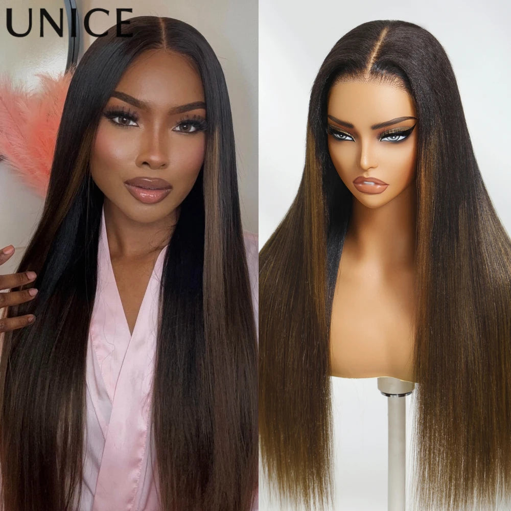 UNICE Hair Chestnut Brown Ombre Yaki Straight Human Hair Wig Pre Cut Pre Bleached 7x5 Glueless Wig & V Part Wig