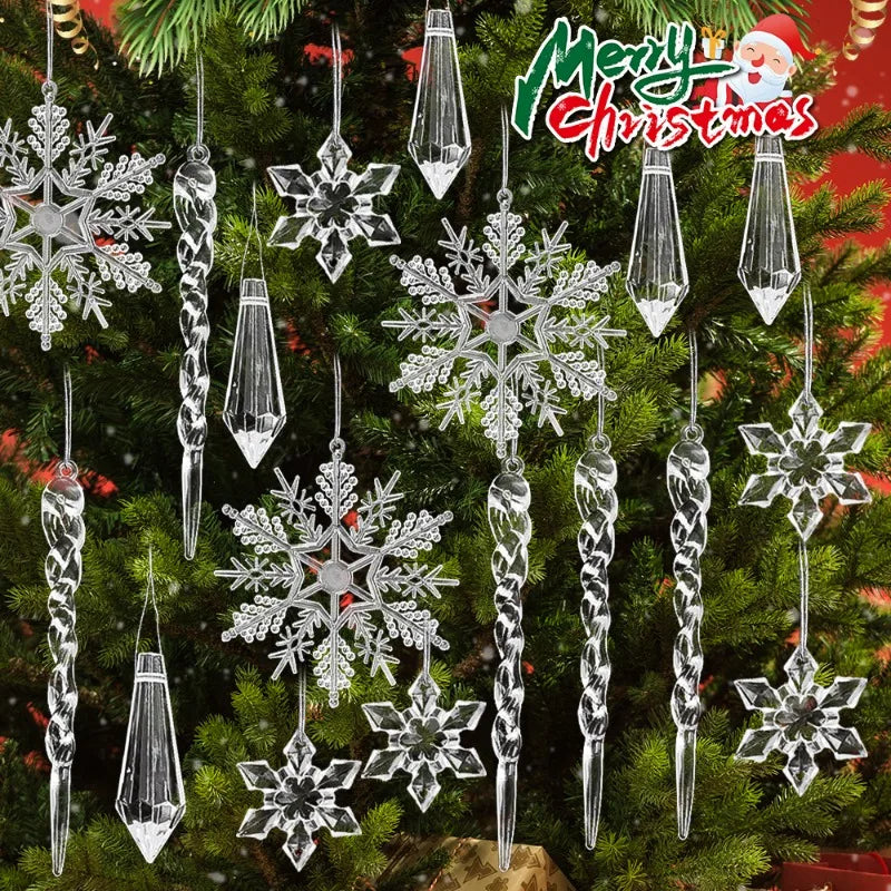 5-48Pcs Christmas Ornaments Crystal Tree Decorations Transparent Ice Strip Pendant DIY Teardrop Chandelier Xmas Wedding Beads