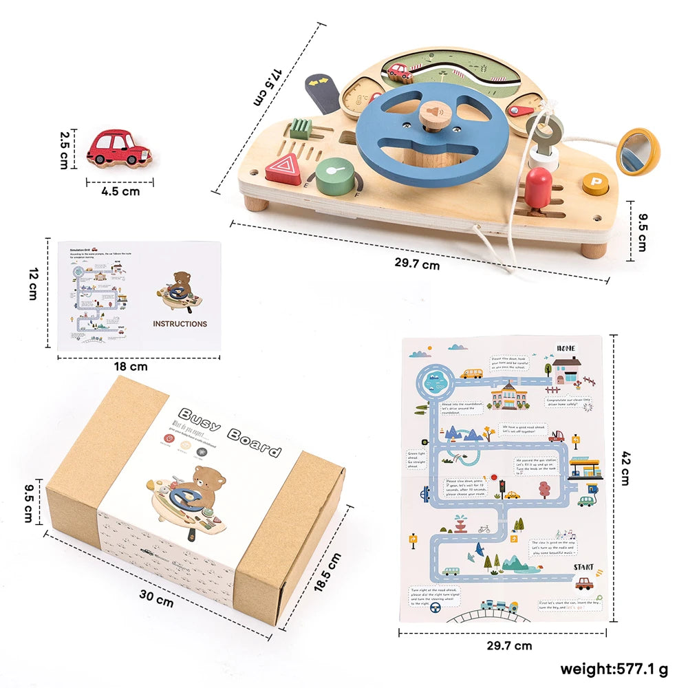 Montessori Simulation Car Steering Wheel Multi-Function Baby Wooden Early Sensory Education Toy Car Busy Board Game Toy Kid Gift