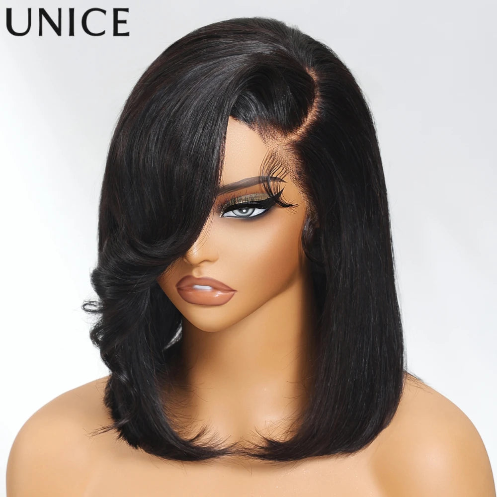 UNice 4x4 Lace Closure Bob Human Hair Wig With Side Swept Bangs & Bye Bye Knots 7x5 Lace Pre Cut Pre Bleached Glueless Wig