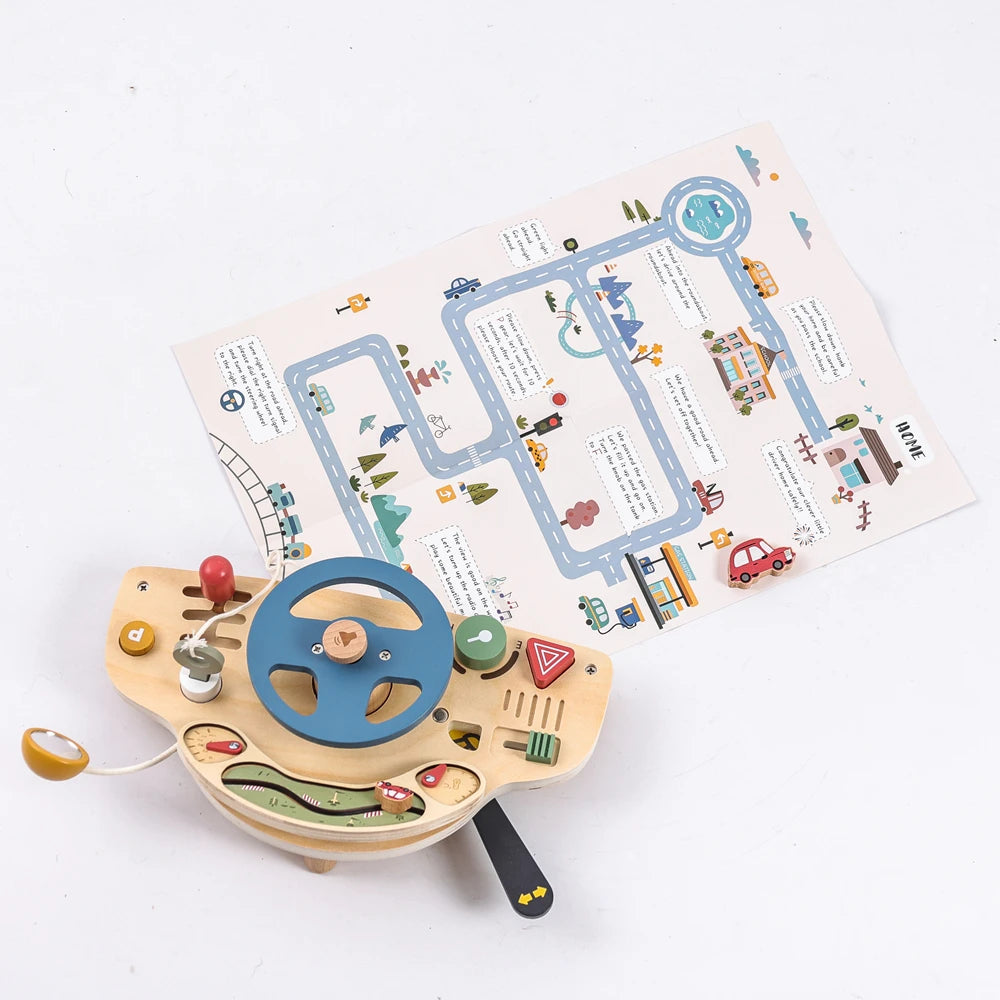 Montessori Simulation Car Steering Wheel Multi-Function Baby Wooden Early Sensory Education Toy Car Busy Board Game Toy Kid Gift