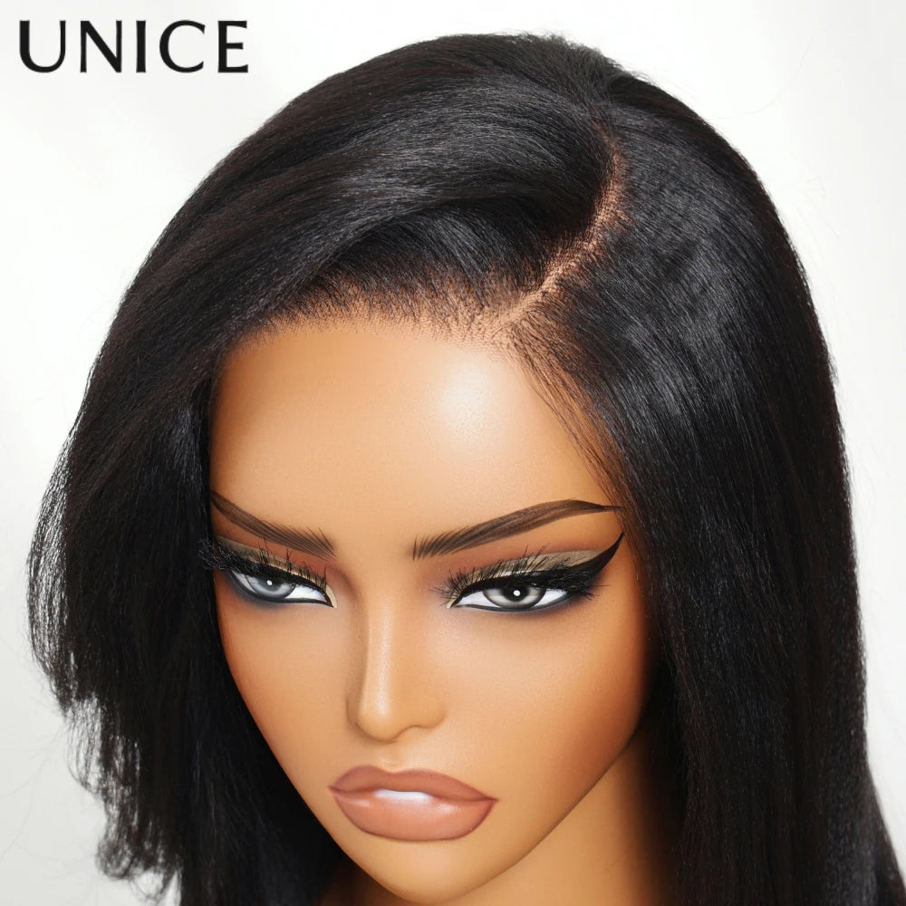 UNice Hair 7x5 Lace Drawstring Cap Yaki Straight Wig With Side Bangs Pre Cut Pre Bleached Glueless Wig Human Hair 150% Density