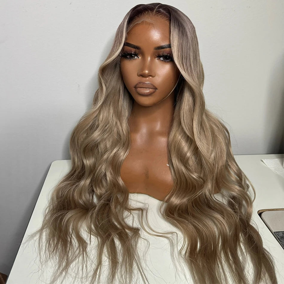 Salon Quality Tuneful Special Customize Dark Roots Ash Blonde 13x6 HD Lace Front Human Hair Frontal Wigs Rich Girl Colored Wigs
