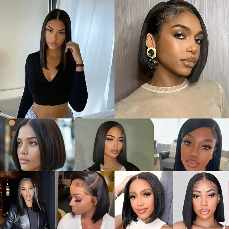13x4 Lace Front Bob Wig Human Hair 200 Density Brazilian Virgin Straight Hair Wig Pre-Plucked Natural Black
