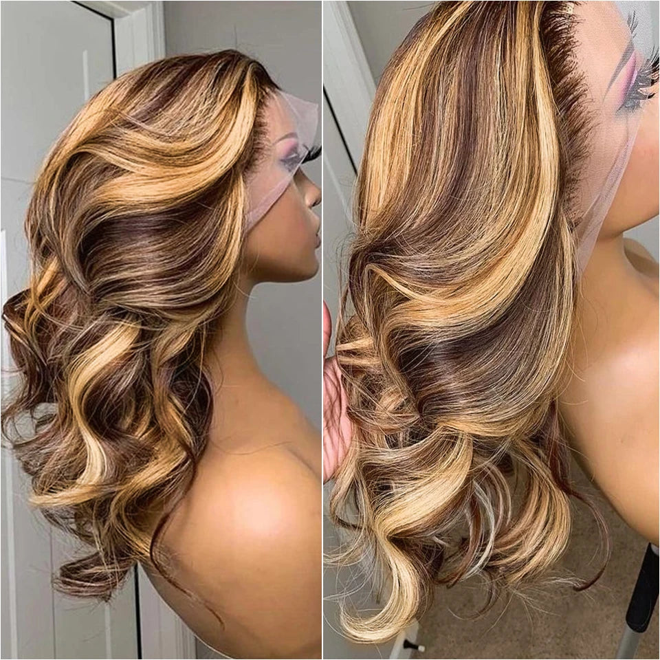 Premium HD Lace Frontal Wig - Honey Blonde Highlight Body Wave Human Hair Wig 13x4 13x6 Glueless Pre-Plucked