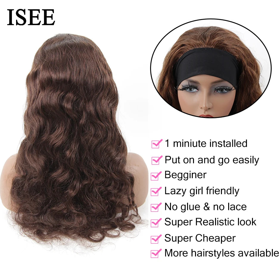 ISEE HAIR Headband Wig Natural Color Body Wave 100% Human Hair Wigs Scarf Wig Peruvian Hair Body Wave Wigs for Women
