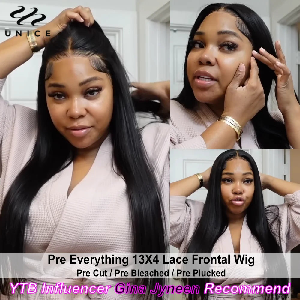 UNICE Pre Everything 13x4 Human Hair Lace Frontal Wig Pre Cut Pre Bleached Pre Plucked Straight Lace Front Wigs 150% Density