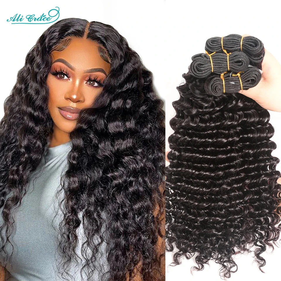 Brazilian Deep Wave Hair Bundles 100% Remy Human Hair Extensions 1 3 4 Bundle Deals ALI GRACE Deep Wave Human Hair Bundles