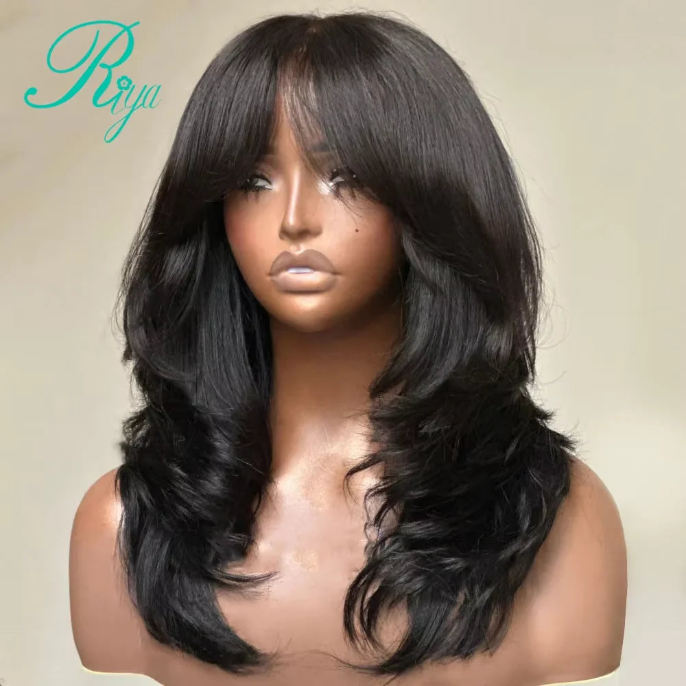 Glueless Invisible Strap Snug Fit 360 Full Lace Human Hair Wigs 7x5 Lace Closure Wig 250% Inspired Layers With Curtain Bang Wig