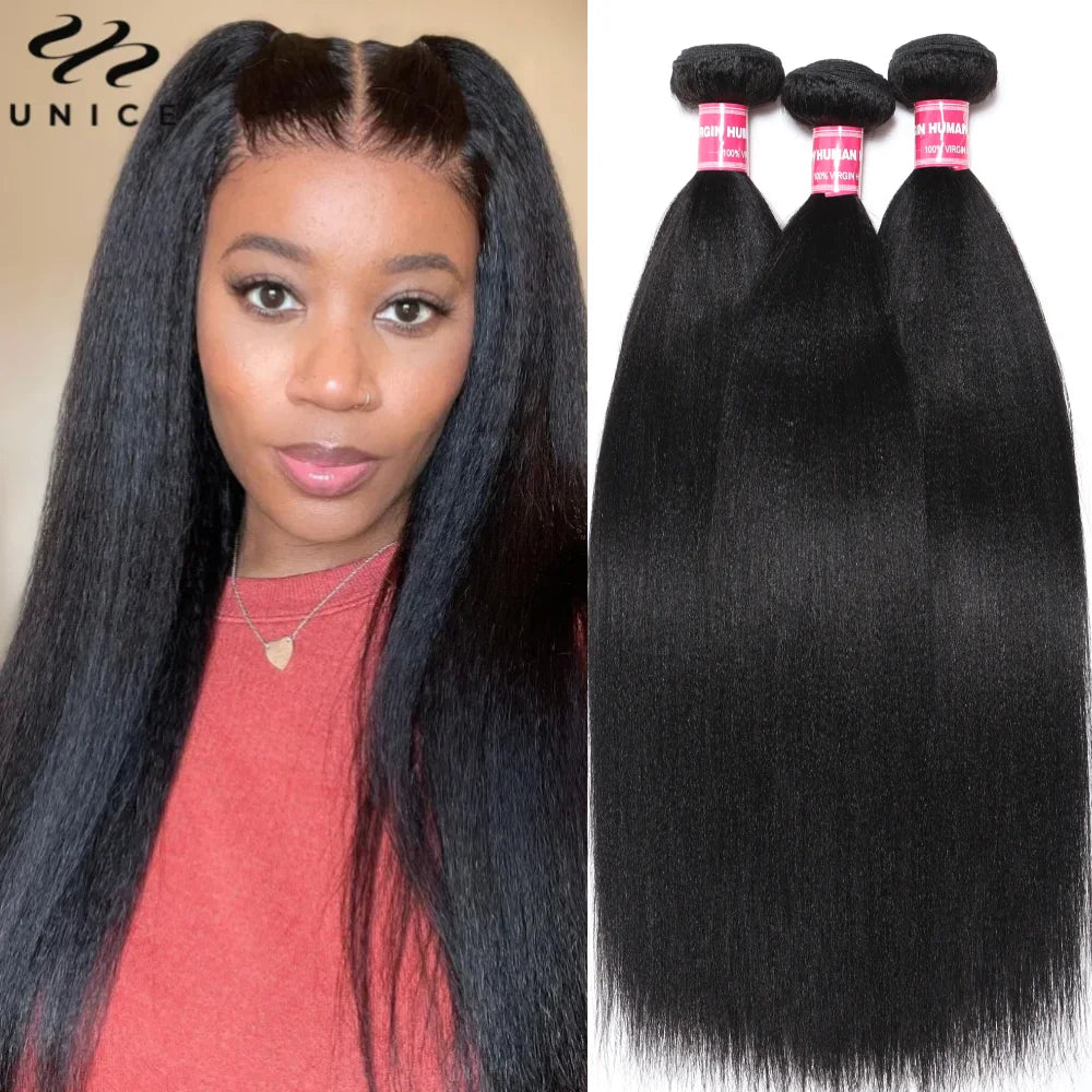 UNice Hair Yaki Straight Hair Bundles 4PCS Deal Natural Color 100% Human Hair Bundles Quick Weaves Sew In Human Hair Extensions