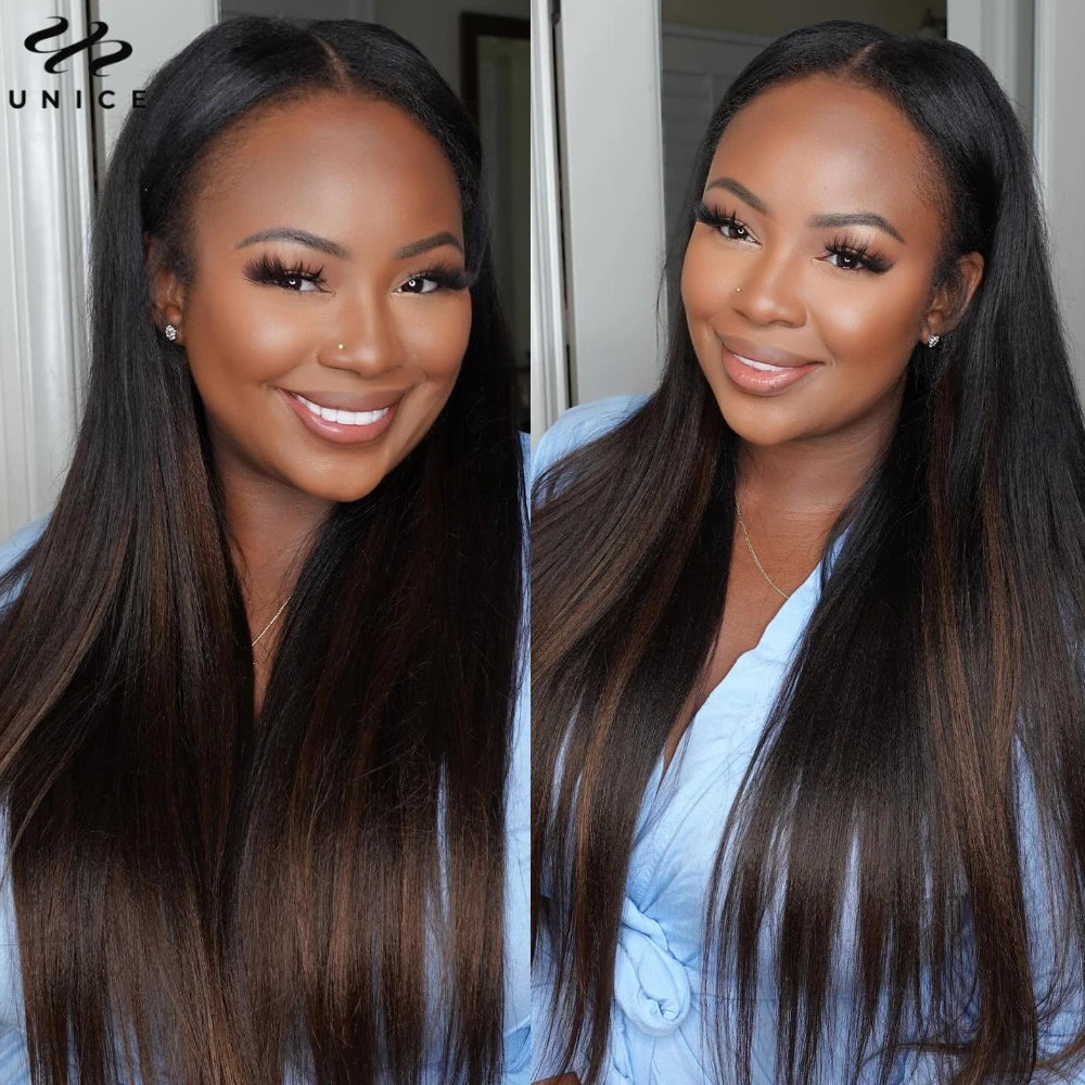 Unice Hair EasiContour Yaki Straight V Part Wig 100% Human Hair Clip In Half Wig No Glue Mini Leave Out Wig Read To Wear Go