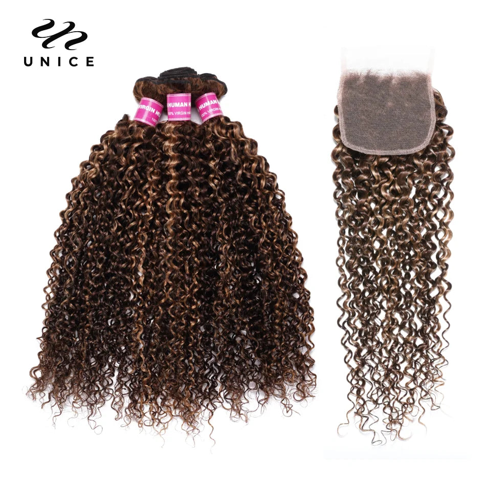 UNice Hair Highlight Blonde Curly Hair 2/3/4 Bundles With Closure 100% Human Hair Lace Closure With Bundles Sew In Quick Weaves