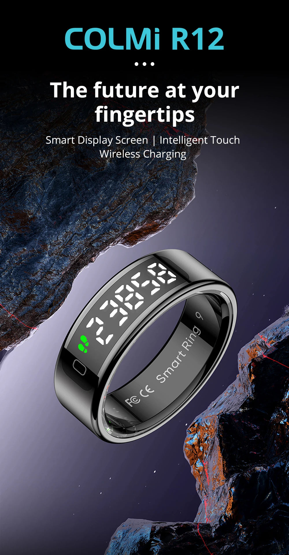 New COLMI R12 Smart Ring, Wireless Charging, Display and Touch, Health Manager, Multi Sports Modes For Men Women, Gold, Silver