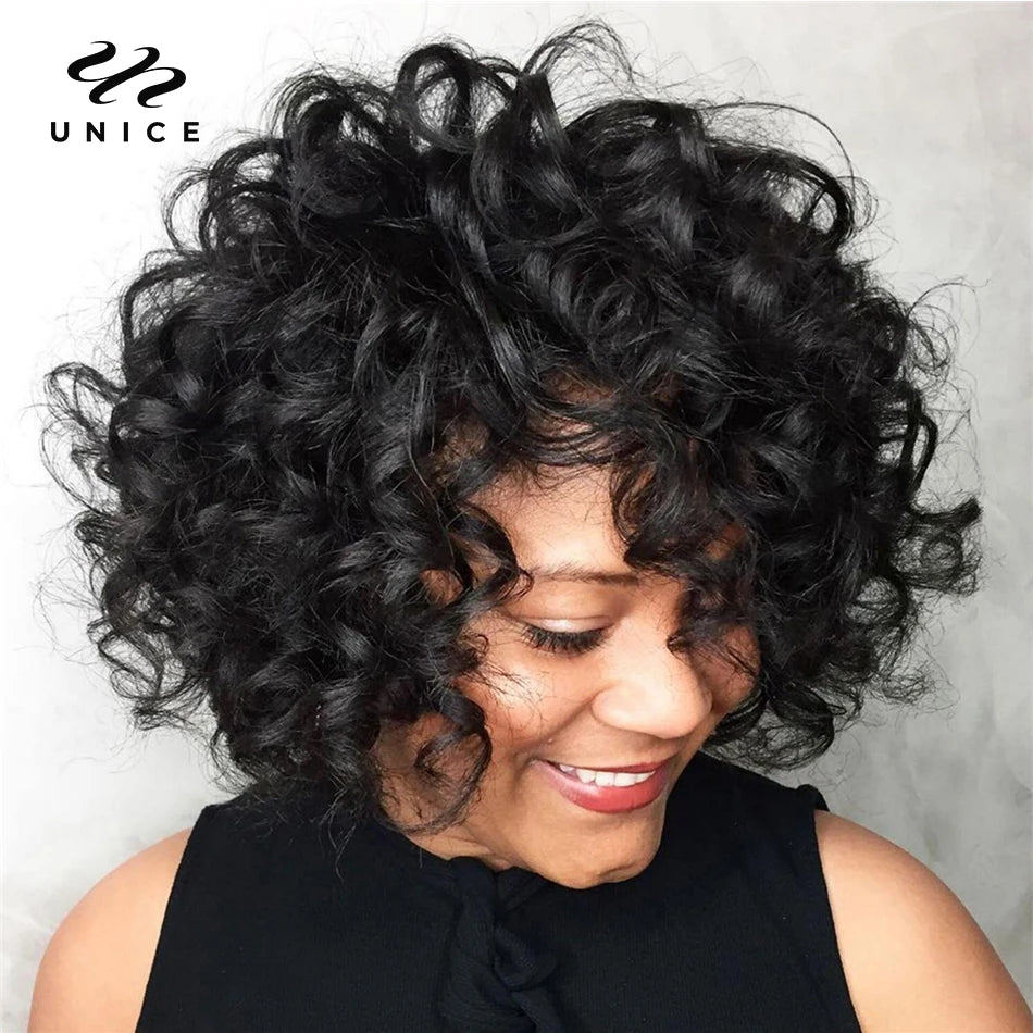 Unice Hair Curly Human Hair Wigs Pixie Cut Bob Wig 10 Inch Full Machine Made Short Human Hair Wigs