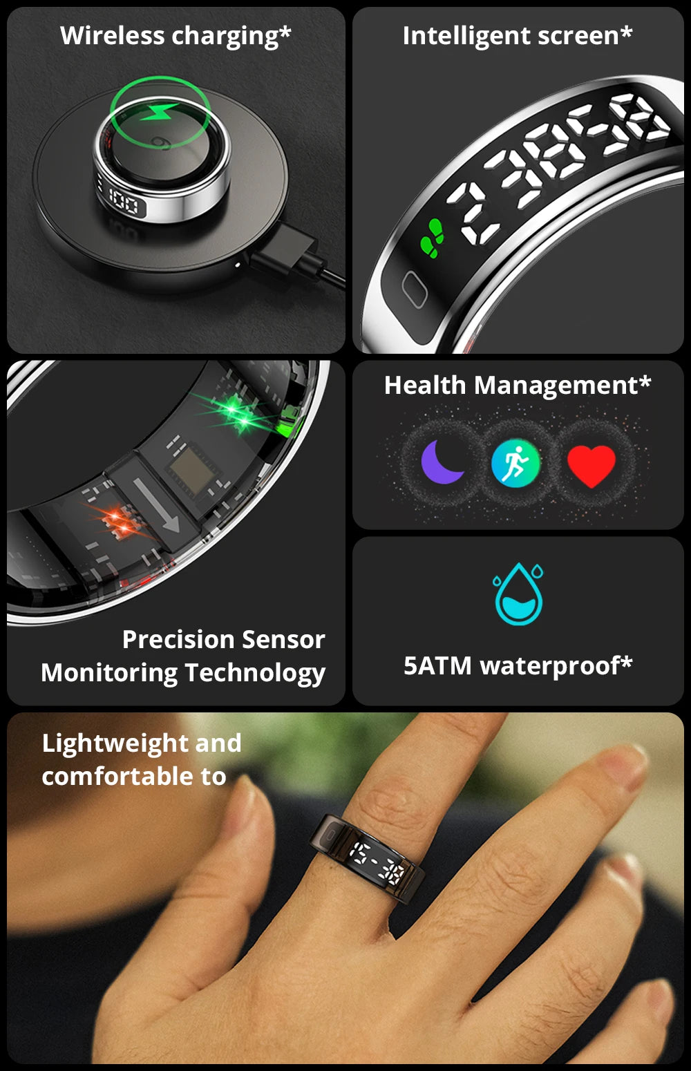 New COLMI R12 Smart Ring, Wireless Charging, Display and Touch, Health Manager, Multi Sports Modes For Men Women, Gold, Silver