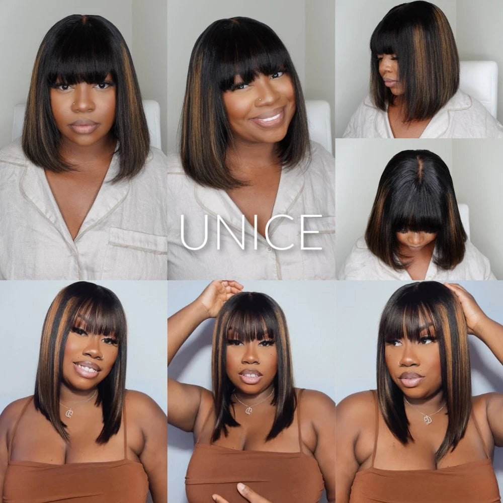 Unice Hair Yaki Straight Bob Wig With Bangs Real Scalp Middle Part 4x2 Lace Glueless Wig Human Hair Ready To Wear 150% Density