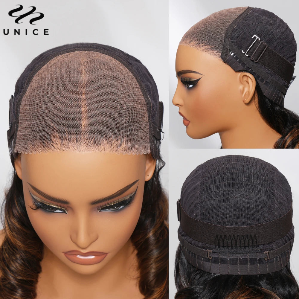 UNice Hair 7x5 Bye Bye Knots Balayage Highlight Body Wave Wig Pre Cut Pre Bleached Glueless Wig Human Hair 150% Density