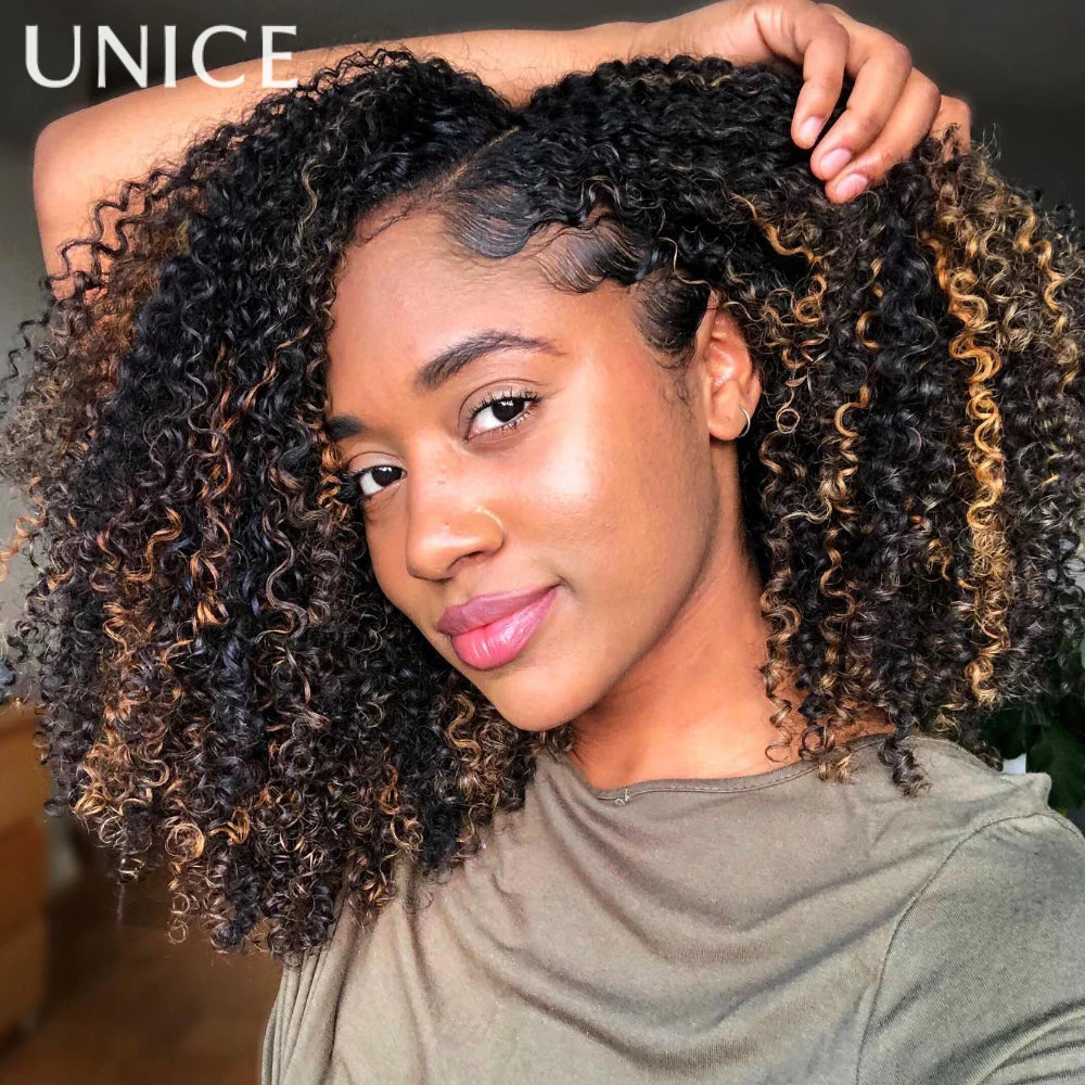 UNICE Hair Balayage Highlights Curly V Part Wig With Drawstring Clip-In Human Hair Wigs No Glue Minimal Leave-out 150% Density