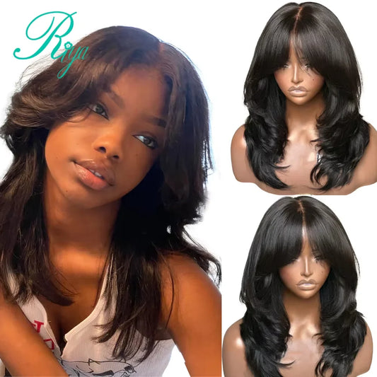 Glueless Invisible Strap Snug Fit 360 Full Lace Human Hair Wigs 7x5 Lace Closure Wig 250% Inspired Layers With Curtain Bang Wig