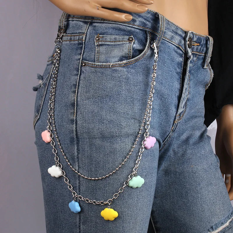 Doulbe Layered Pink Color Strawberry Resin Chain Keychains Women Girls Hip Hop Waist Chain Pants Trousers Chain Bohemian Jewelry