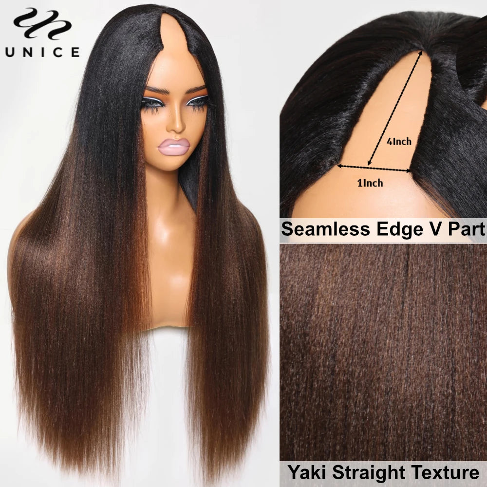 UNice Hair Chestnut Brown Yaki Straight V Part Wig 100% Human Hair Upgrade U Part Wig No Sew In Clip In Half Wig Real Scalp Wig