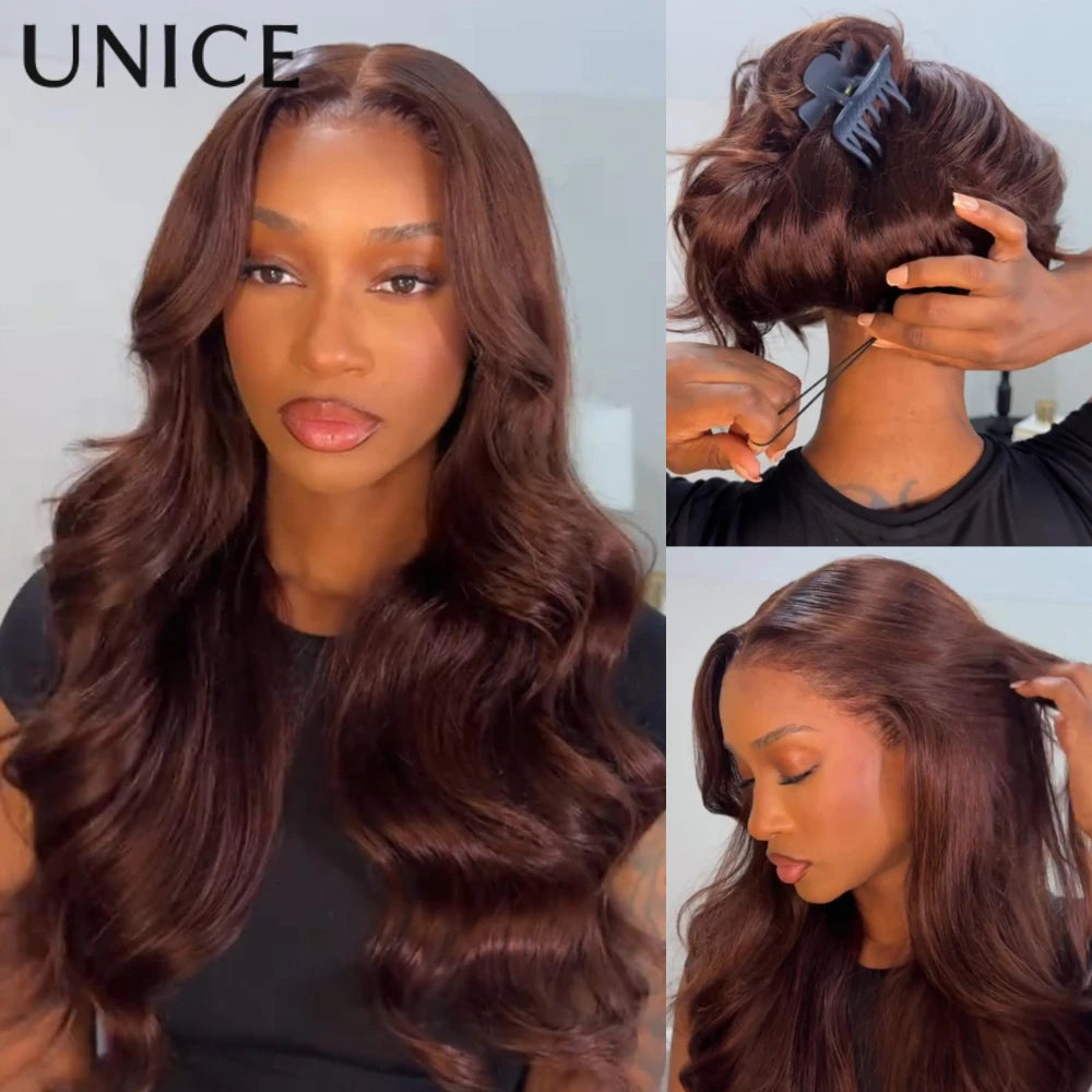 UNICE Hair Auburn Brown Loose Wave Wig With Face Framing Layer & Drawstring Pre Everything 13x4 Human Hair Lace Frontal Wig