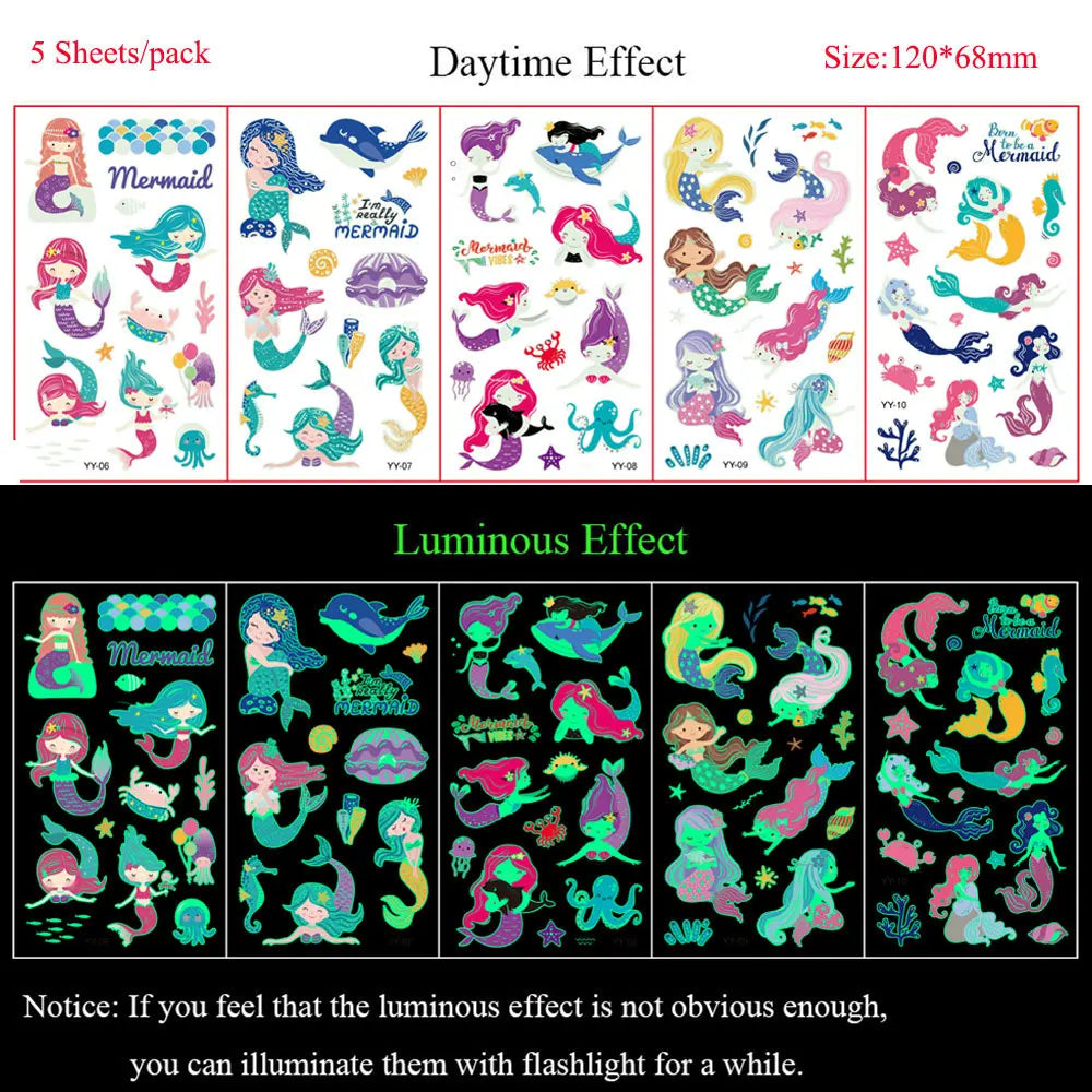 5 Sheets Luminous Tattoo Stickers Colorful Animal Mermaid Dinosaur Temporary Tattoos for Hand  Body Fake Tattoo Waterproof