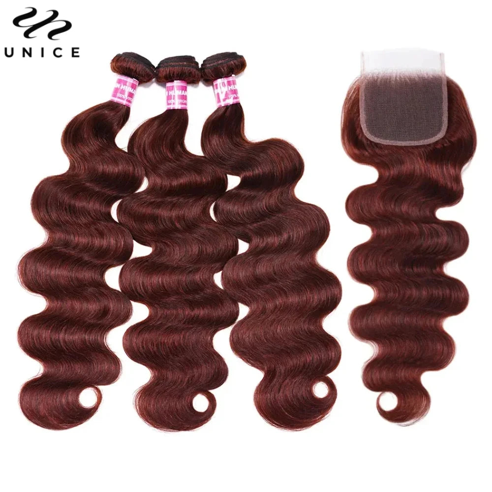 UNICE Hair Reddish Brown Body Wave Human Hair Bundles with Closure 100% Human Hair 4x4 Lace Closure With 2/3/4 PCS Bundles Deal
