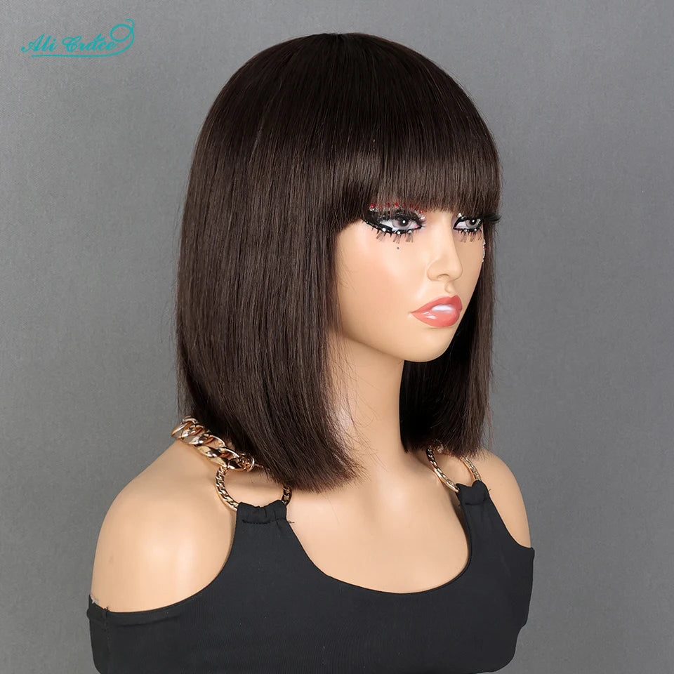 Ali Grace Short Bob Wig With Bang #2 Color Bone Straight Human Hair Wigs For Women Full Machine Made Fringe Wigs Wig Dark Brown