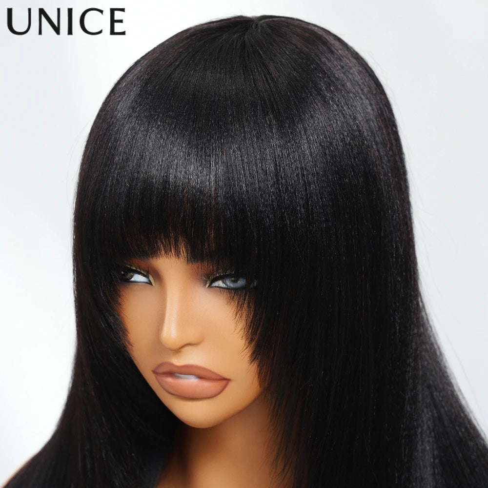 Unice Hair Layered Cut Yaki Straight Human Hair Wig With Bangs Full Machine Made Wig 150% Density