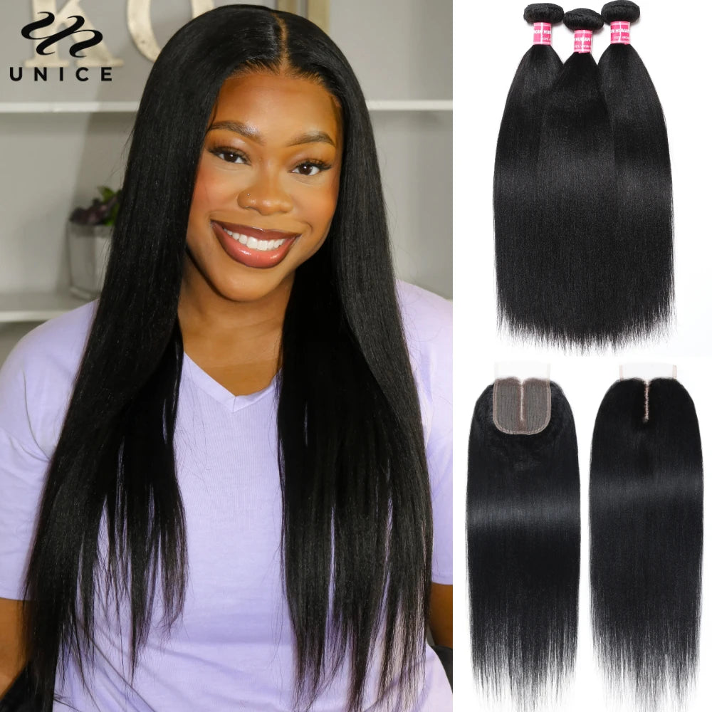 UNice Hair Yaki Straight Hair Bundles With Closure Natural Color 100% Human Hair Bundles 3PCS And Middle Part 4x1 Lace Closure