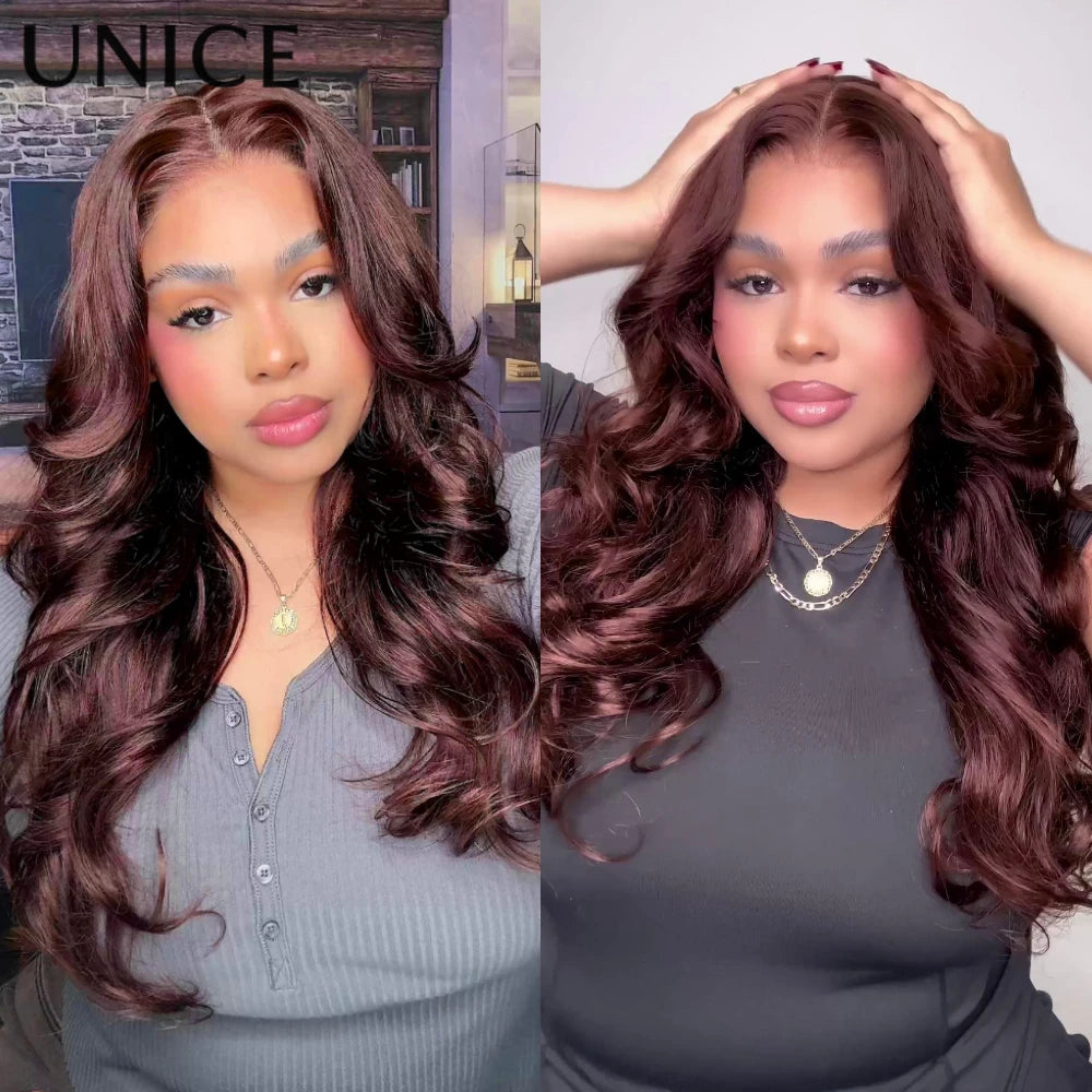 UNICE Hair Auburn Brown Loose Wave Wig With Face Framing Layer & Drawstring Pre Everything 13x4 Human Hair Lace Frontal Wig