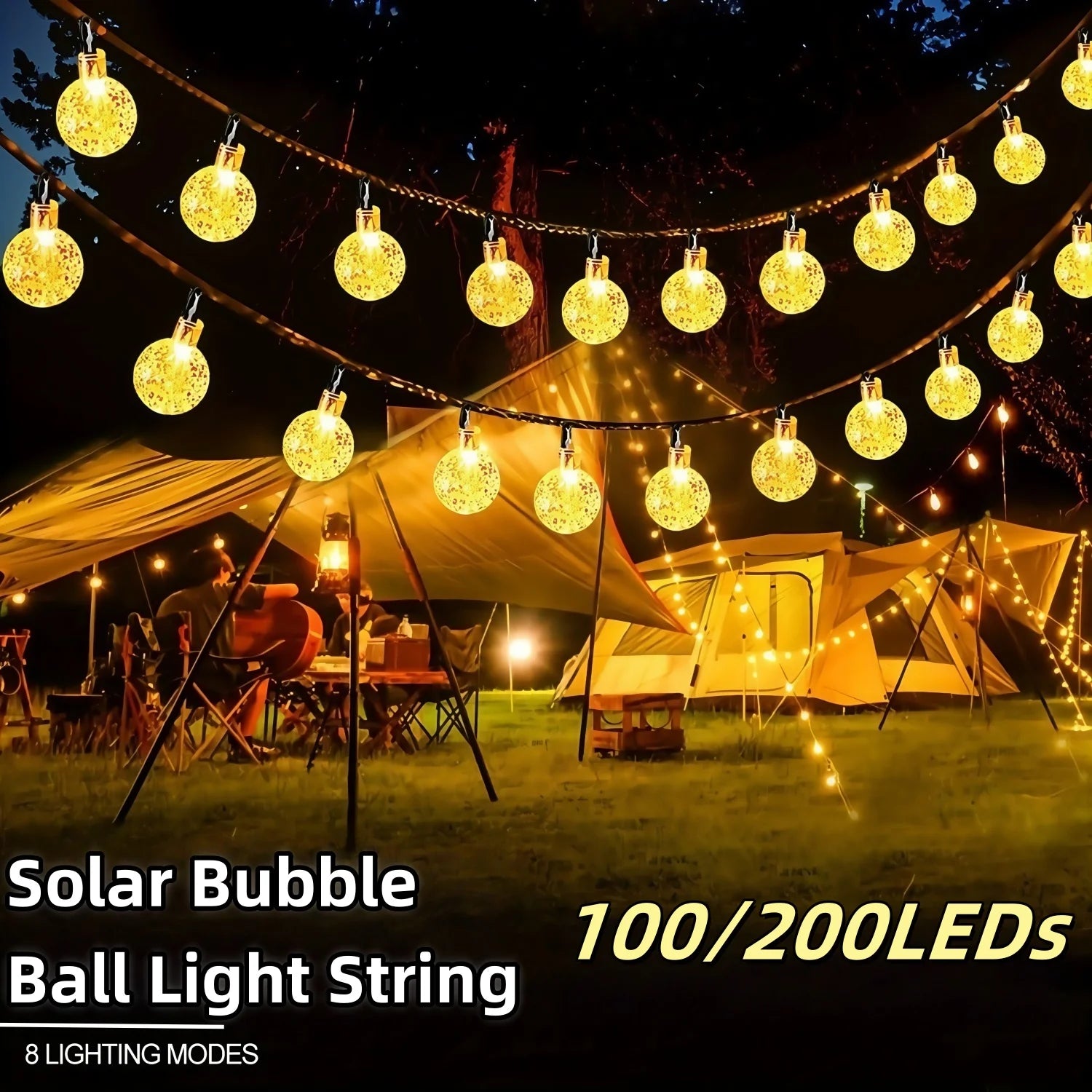 Solar Outdoor Crystal Ball Light String,100/200LEDs 8 Modes Waterproof Solar Fairy Lamp for Garden Courtyard Party Decoration
