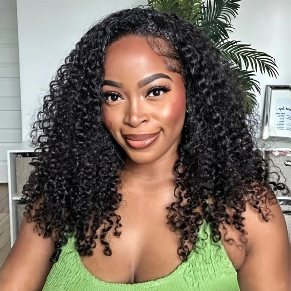 ISEE Hair 3 IN 1 Half Wigs Human Hair Kinky Curly Glueless Wig Upgrade Halr Wigs With Drawstring Seamless Clip Ins Flip Over