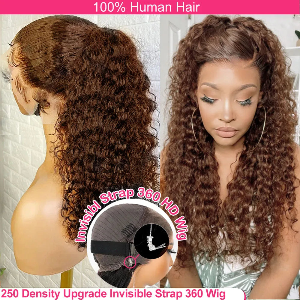 250 Density Deep Wave 360 Lace Front Human Hair Wig - Brazilian Remy Glueless Chocolate Brown Wig 26-36 Inches