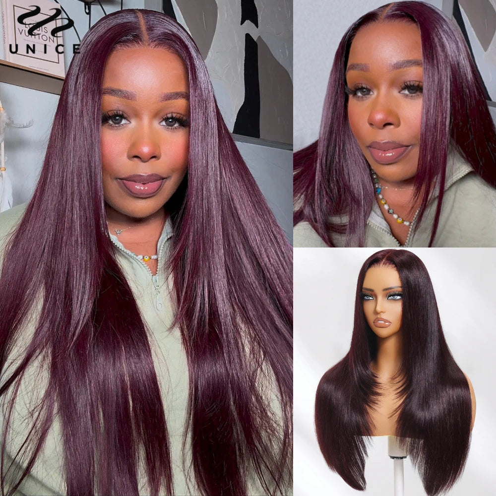 UNICE Hair Black Cherry Layered Cut Straight Wig 7x5 Pre Cut Pre Bleached Lace Front Human Hair Wig 180% Density