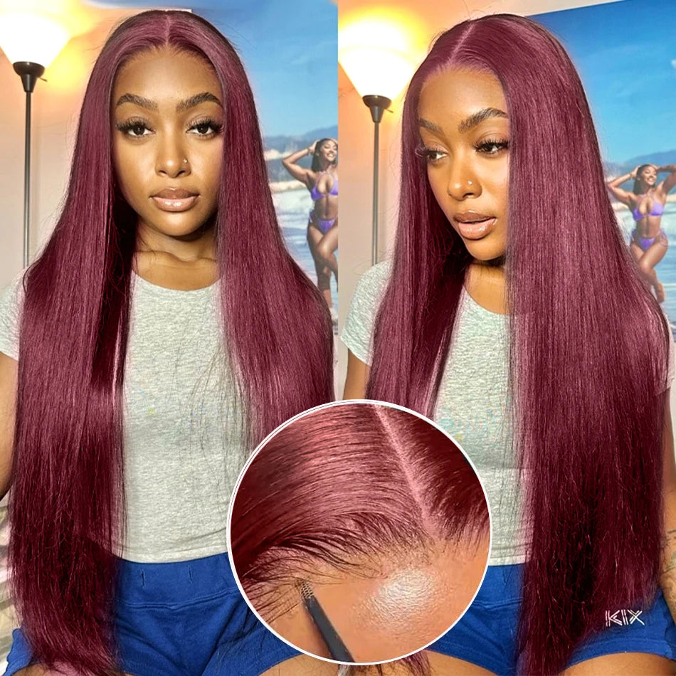 NEW 6x4 Glueless Wigs Human Hair Ready To Wear 99J Burgundy Colored Human Hair Lace Wig HD Transparent Lace Front Closure Wigs