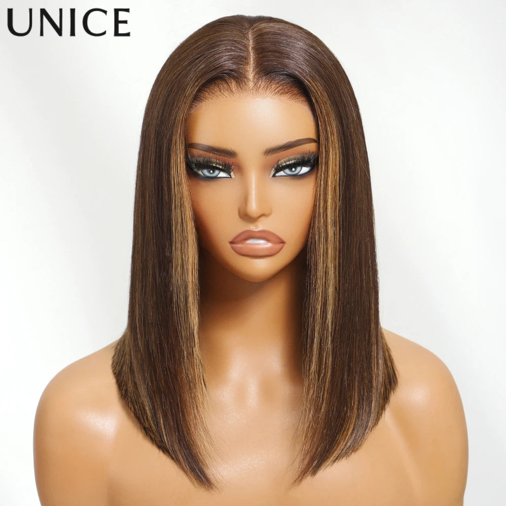 Unice Espresso Brown With Highlights Straight Bob Wig 7x5 Pre Cut Pre Bleached Glueless Wig Human Hair Ready To Wear 150%Density