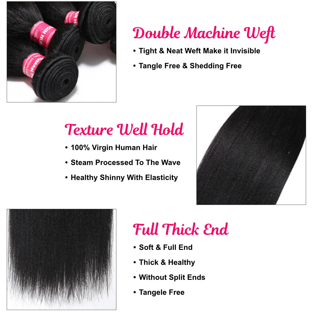 UNice Hair Yaki Straight Hair Bundles With Closure Natural Color 100% Human Hair Bundles 3PCS And Middle Part 4x1 Lace Closure
