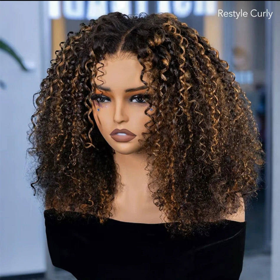 6x5 Glueless Lace Wigs Human Hair Wigs Ready To Wear And Go Short Kinky Curly Ombre Brown Highlights Brown Colored Human Wigs